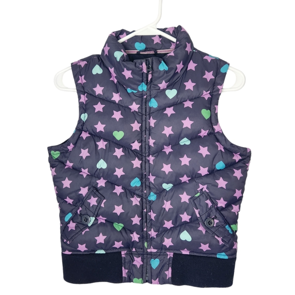 Gap Kids Puffer vest. Sz 12. Navy w/hearts & stars print in purple,green,blue.